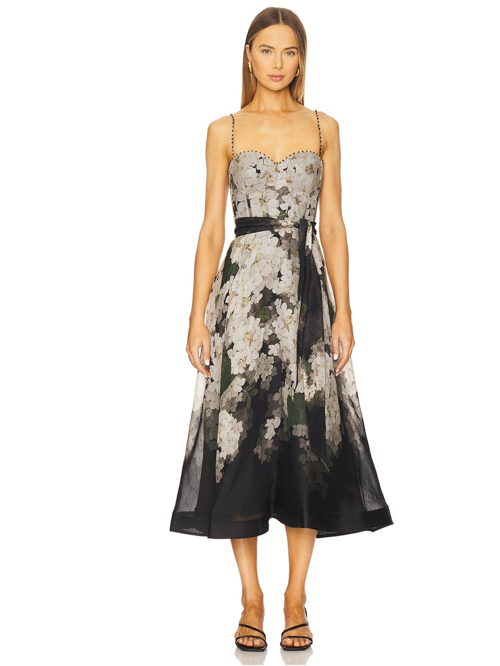 Zimmermann Floral Black A-Line Midi Dress with Spaghetti Straps
